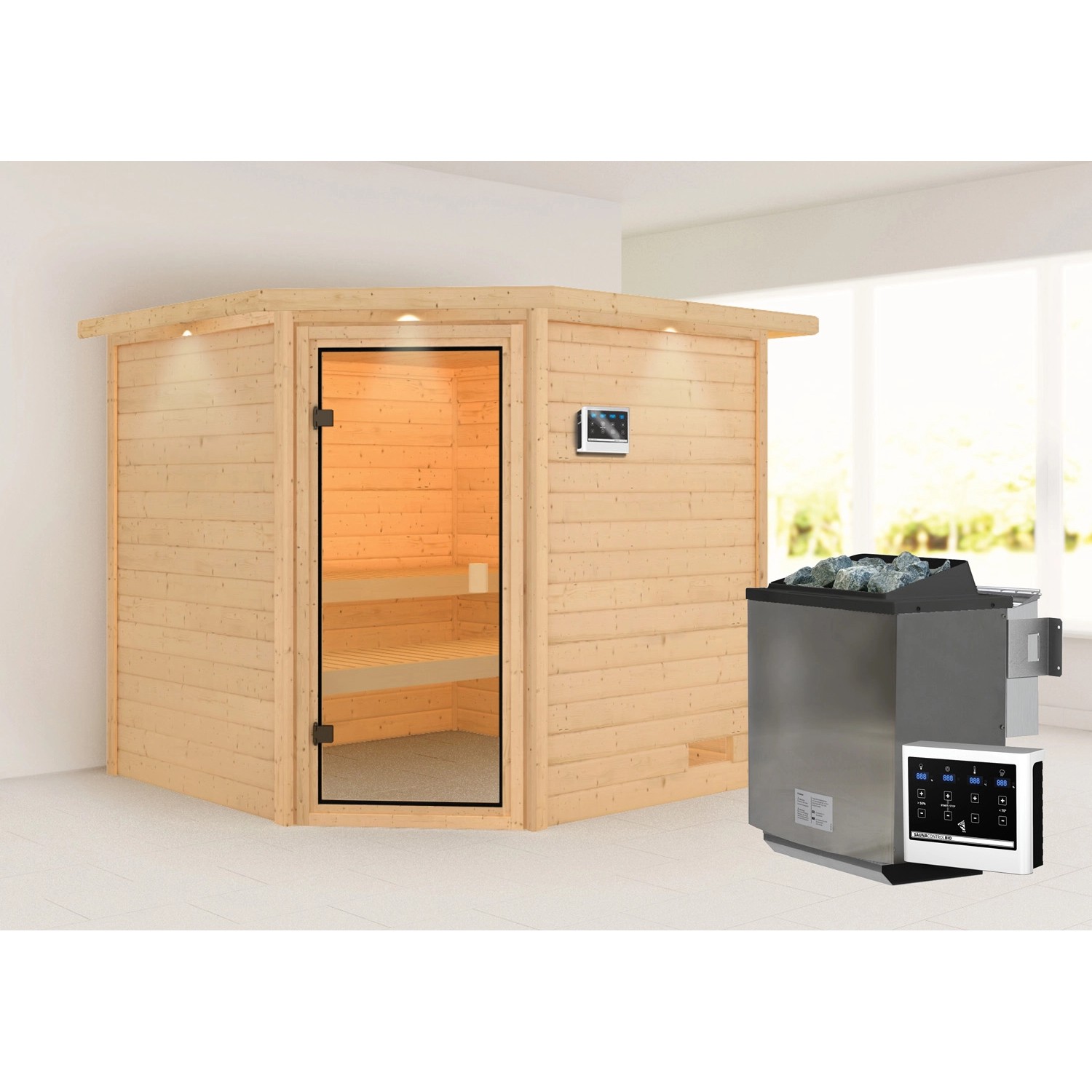 Karibu Sauna Tilda Mit Kranz Set Naturbelassen Mit Ofen 9 KW Bio Ext