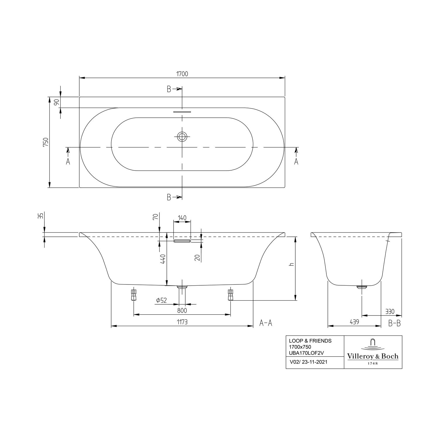 Villeroy Boch Rechteckwanne 170 x 75 cm Loop Friends Oval Duo Weiß