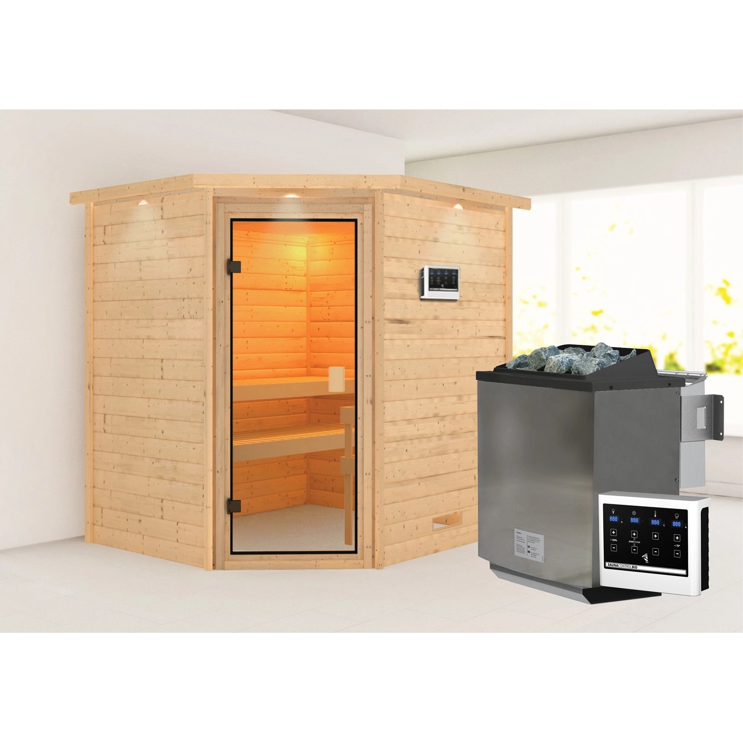 Karibu Sauna Elea Mit Kranz Set Naturbelassen Mit Ofen 9 KW Bio Ext