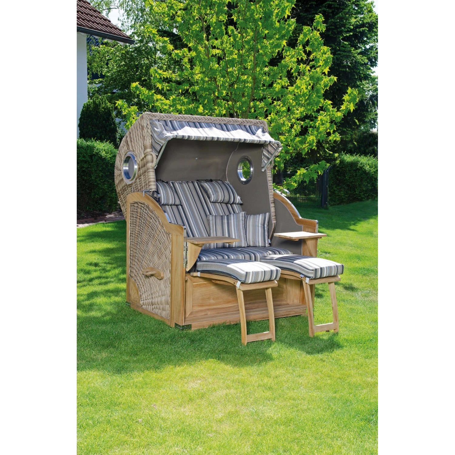 Natur Strandkorb Rustikal Plus Teak Comfort Bullaugen Sitzer