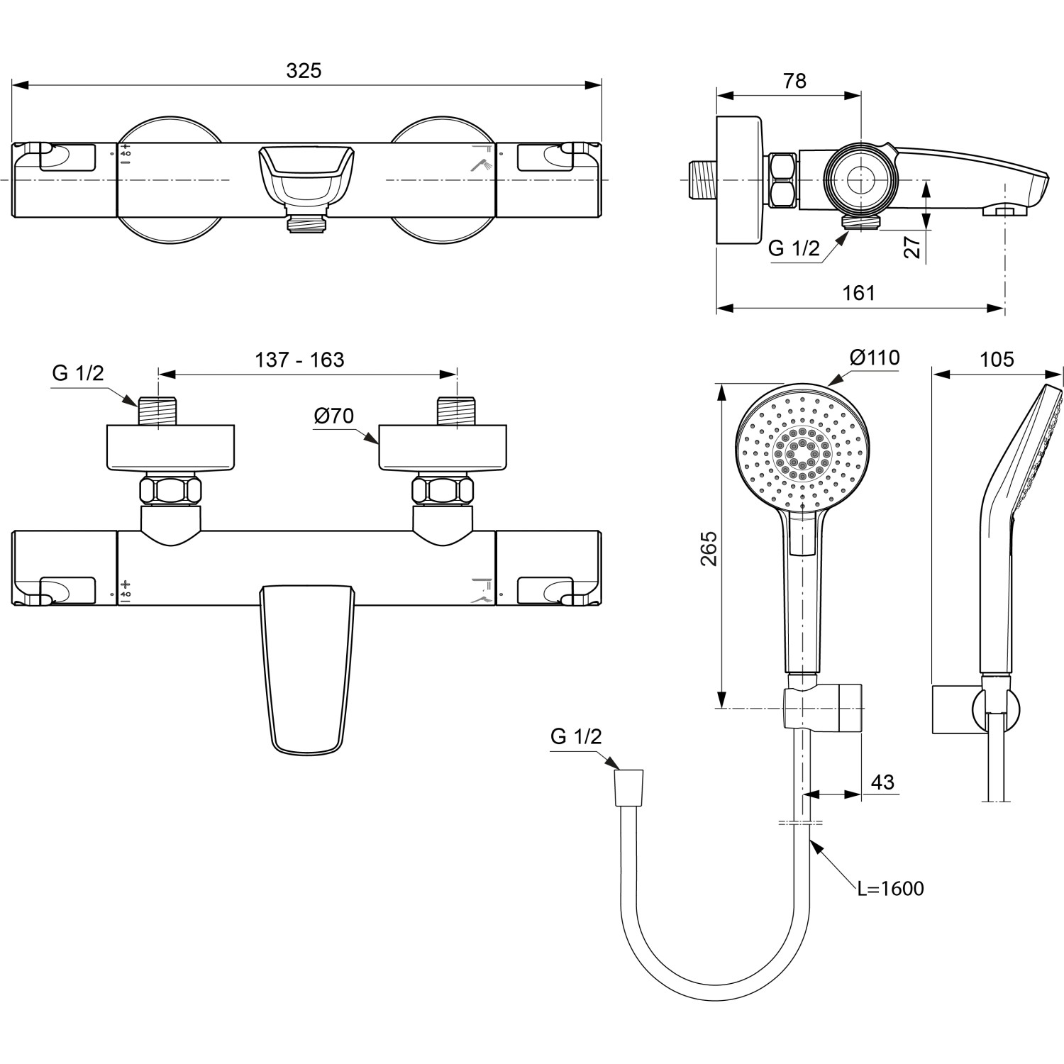 Ideal Standard Badethermostat Aufputz Ceratherm T Mit Handbrauseset