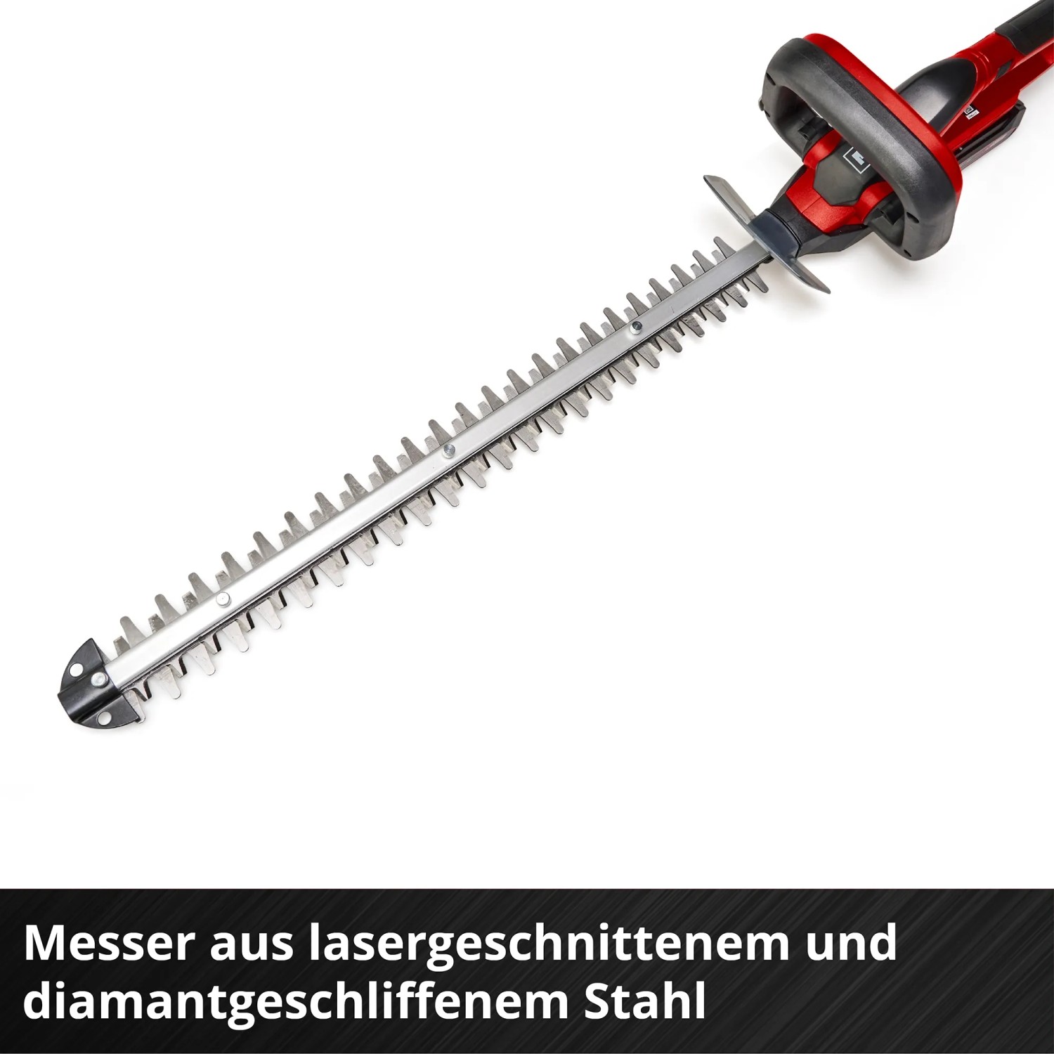 Einhell Akku-Heckenschere GC-CH 1855/1 Li Kit: Messer aus lasergeschnittenem Stahl, rot-schwarz.