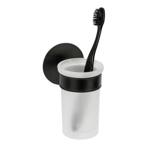 Schöner Wohnen Zahnputzbecherhalter Uno Meleto Schwarz mit Glasbecher und schwarzer Zahnbürste.