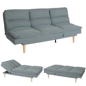 Blau-graues MCW Schlafsofa M79 aus Stoff/Textil mit Holzfüßen, in verschiedenen Positionen.