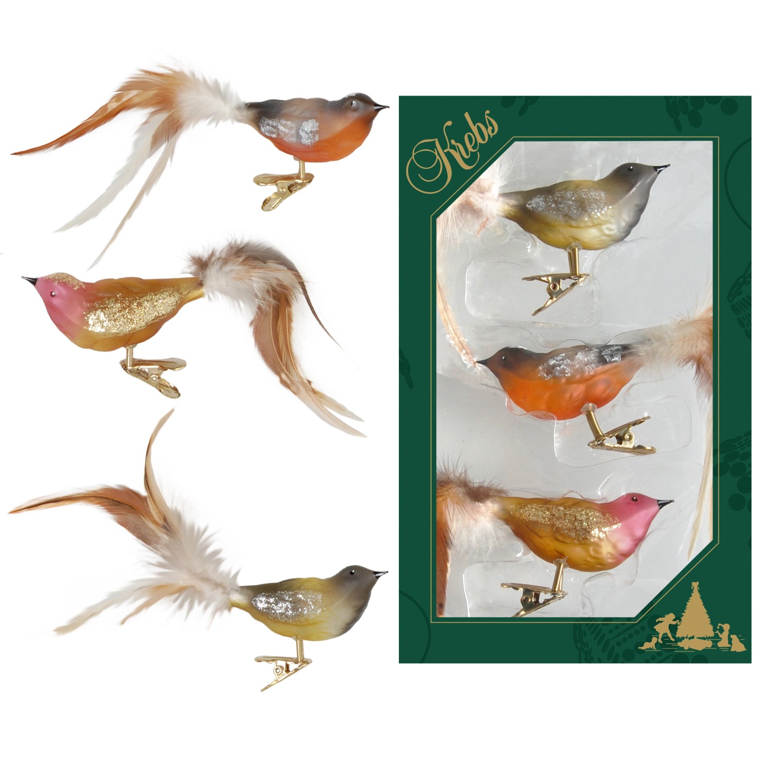 Krebs Glas Lauscha Weihnachtsornamente Vögel Waldvögel 3-tlg. 7cm