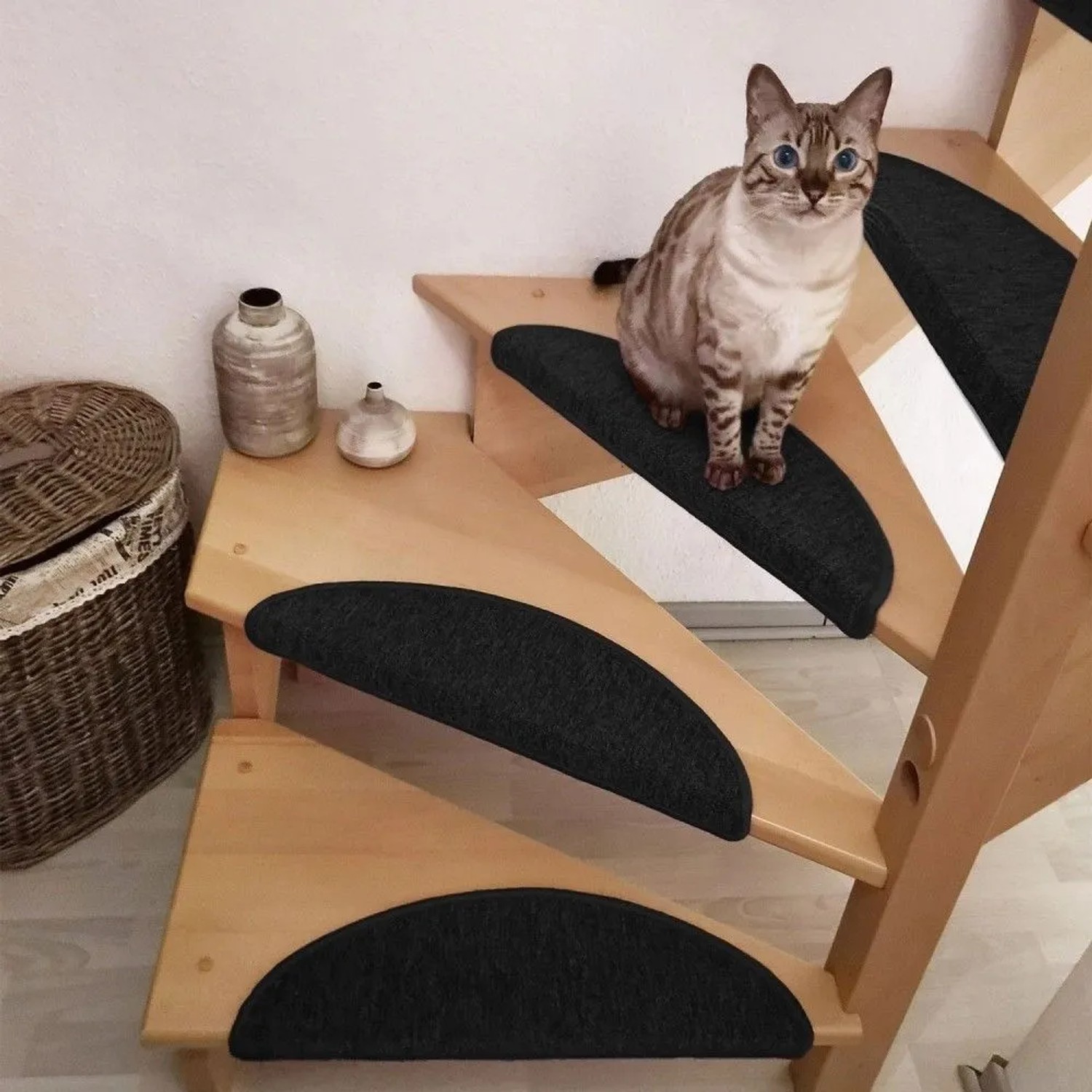Treppe mit anthrazitfarbenen Beautissu Treppenstufenmatten ProStair und Katze.