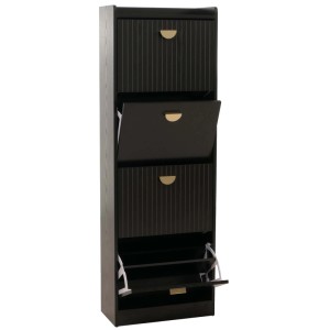Schwarzer MCW Schuhschrank O39 mit 4 Klappfächern, Lamellen-Design und goldfarbenen Griffen. Moderner Schuhkipper.