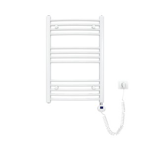 Weißer, gebogener Emke Elektro-Badheizkörper 75x50cm mit Thermostat und Heizstab.