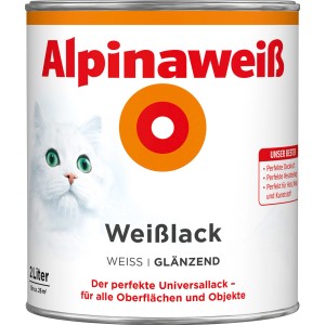 Dose Alpinaweiß Weißlack glänzend, 2 Liter. Weißer Lack für Holz, Metall, Mauerwerk und mehr.
