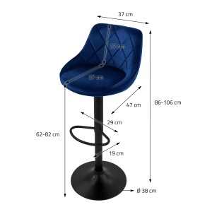 ML-Design Barhocker 2er Set, blau, Samt, mit Maßen. Barstuhl mit Rückenlehne und Fußstütze.