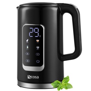 Schwarzer Ecosa Wasserkocher mit digitaler Temperaturanzeige und 1,7L Fassungsvermögen.