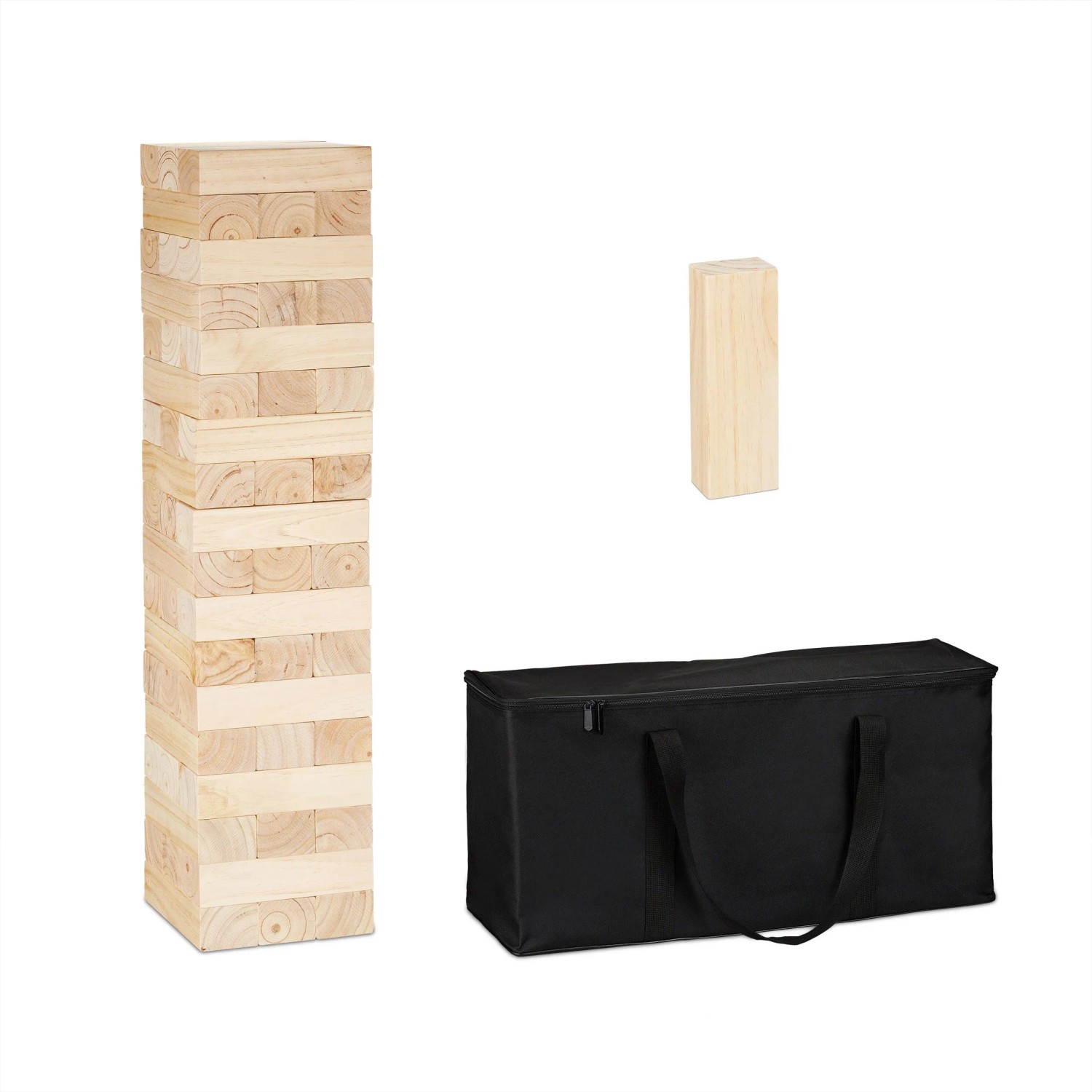 Relaxdays Wackelturm Holz Natur XXL Mit Tasche 90 cm x 21 cm x 21 cm 18,2 kg