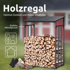 DELUKE Kaminholzregal mit Dach, gefüllt mit Holz, inklusive Ofenhandschuh. Ideal zur Kaminholz Lagerung.
