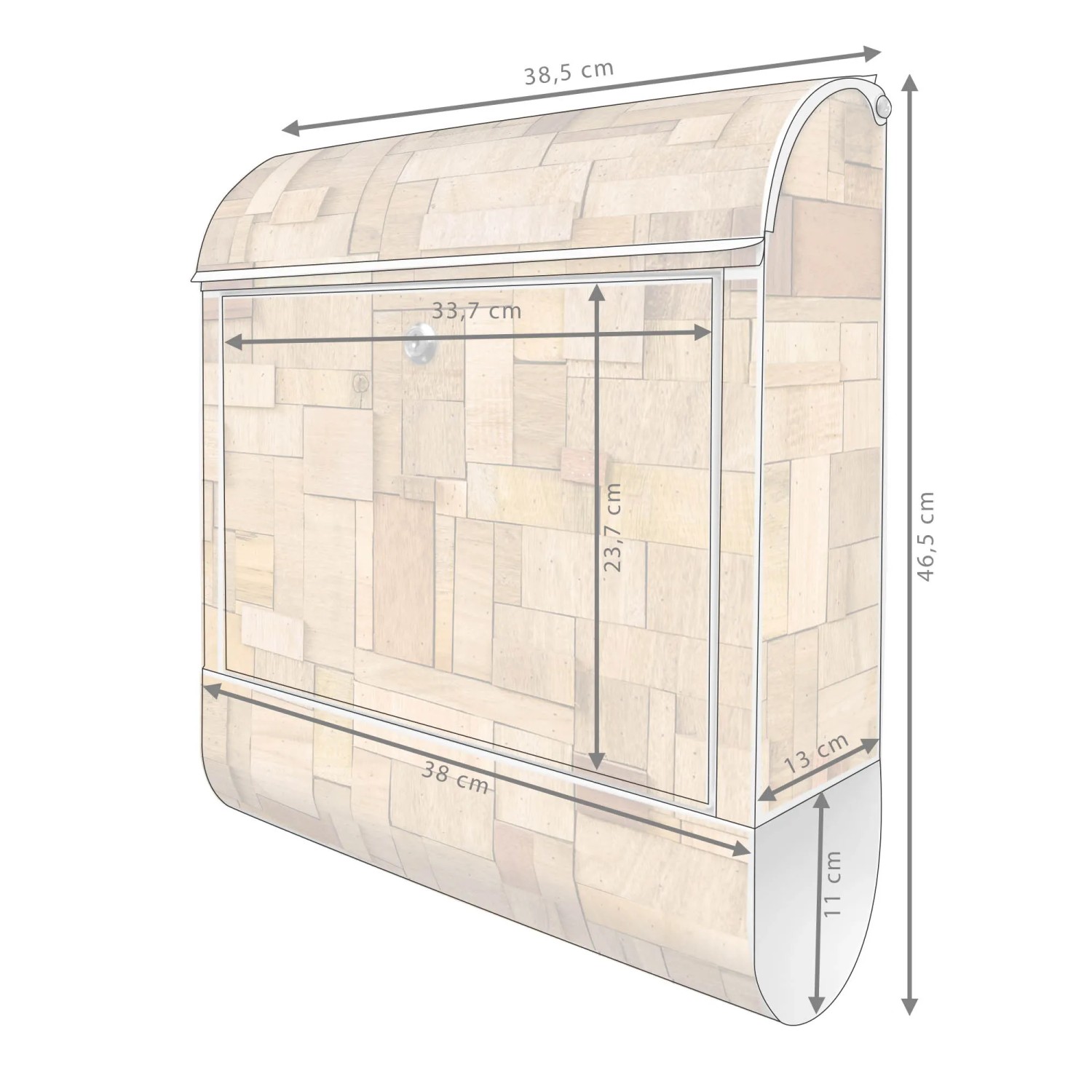 Weißer Design Briefkasten mit Zeitungsfach und Holz-Flickwerk Motiv, Maße: 39x47x14cm.