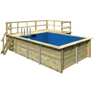 Karibu Holzpool mit Terrasse und blauer Innenhülle, Leiter und Umrandung.