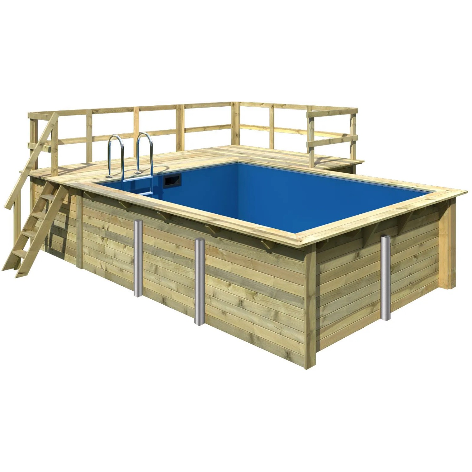 Karibu Holzpool mit Terrasse und blauer Innenhülle, Leiter und Umrandung.