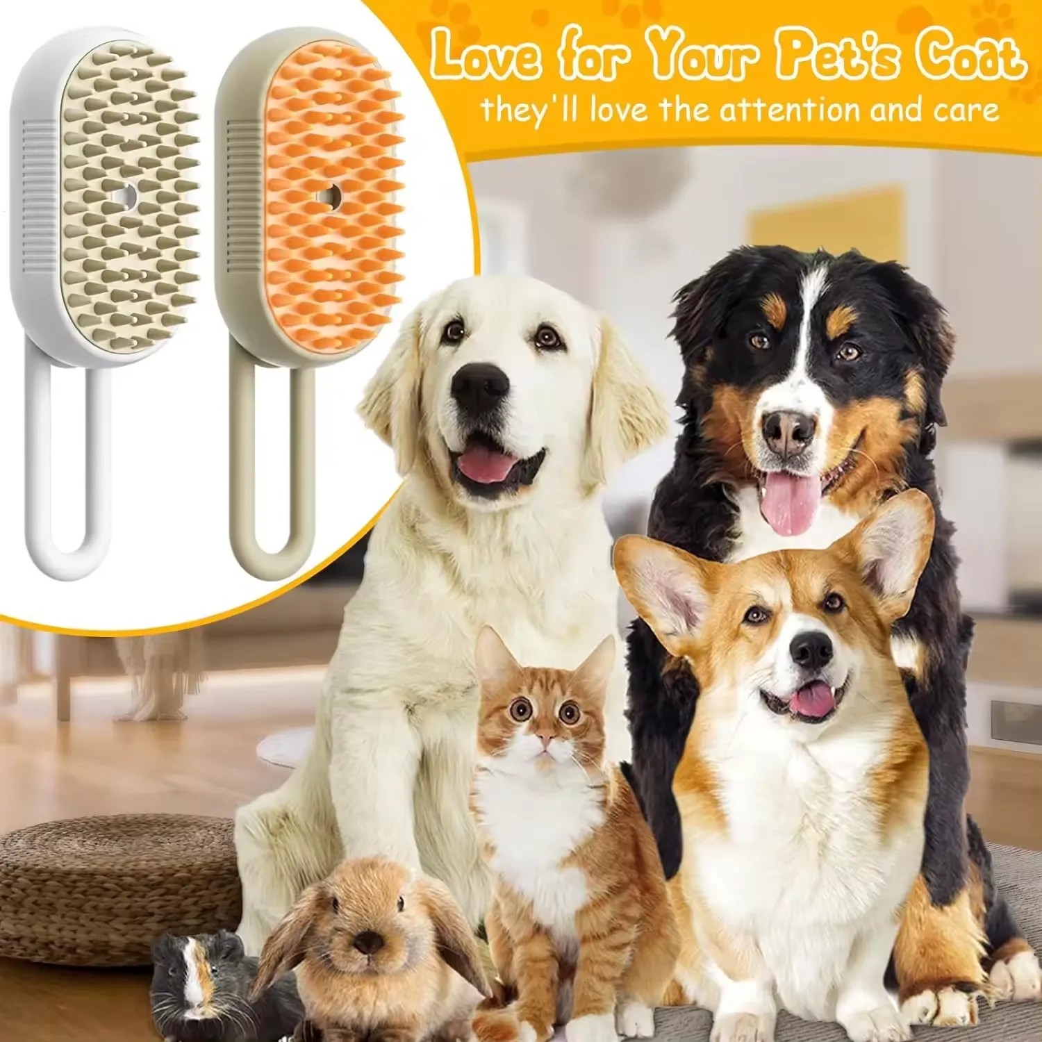 PETSATION 3-in-1 Dampfbürsten in Weiß & Beige, umgeben von Hunden, Katze, Kaninchen. Ideal für Fellpflege.