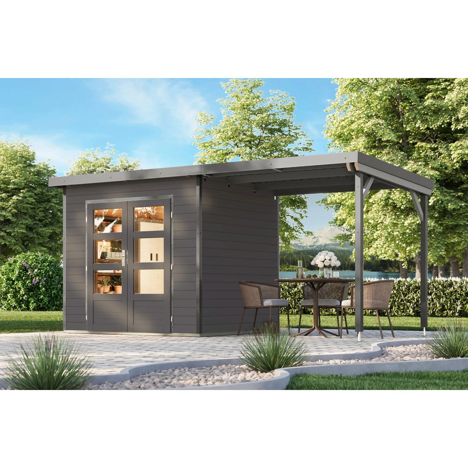Karibu Gartenhaus Domingo 2 B mit Anbaudach 2,33 m Grau-Alu