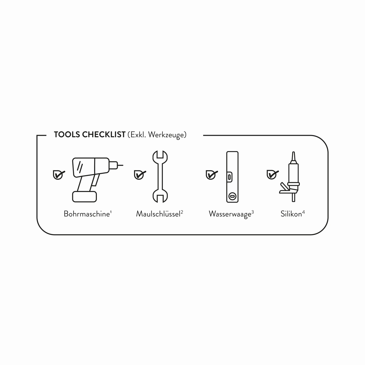 Checkliste Werkzeug: Bohrmaschine, Maulschlüssel, Wasserwaage, Silikon für Handwaschbecken-Montage.