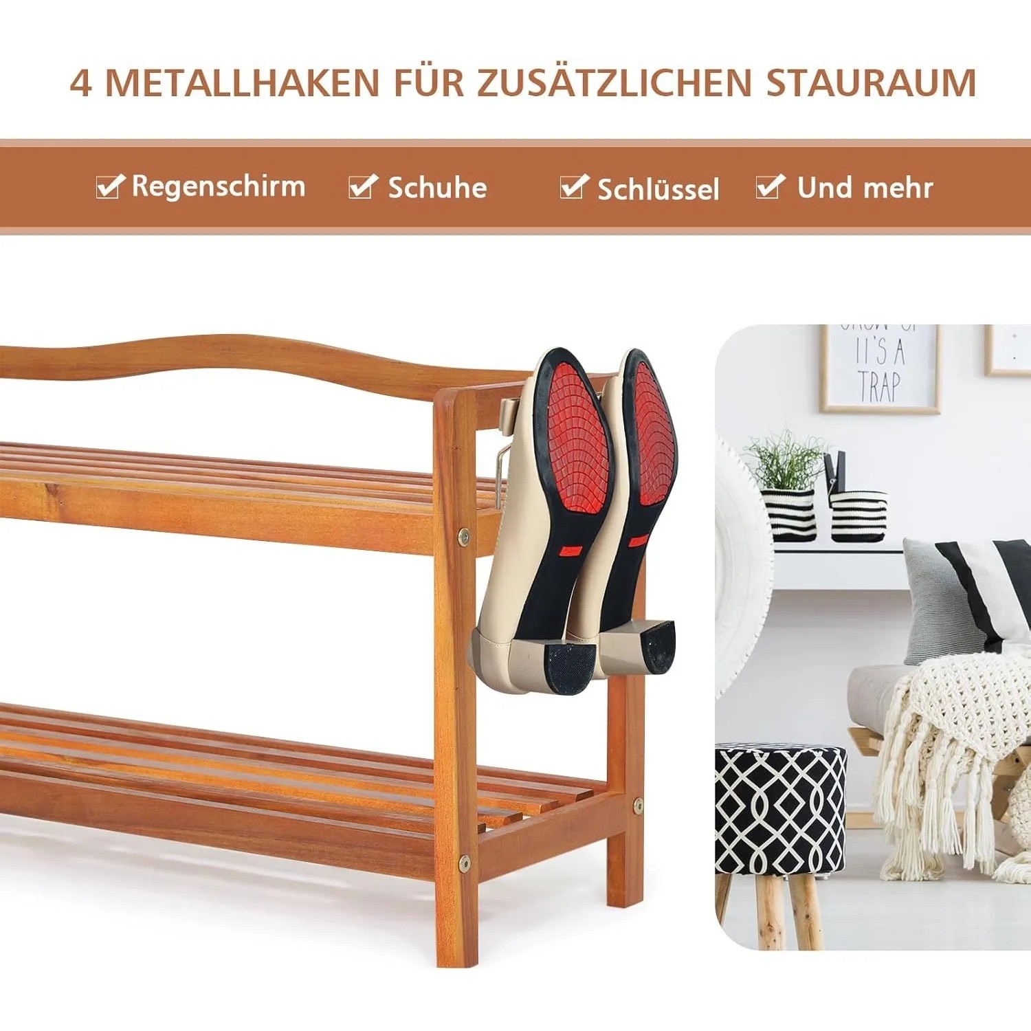 Costway Schuhregal aus Akazienholz mit 2 Ebenen und seitlichen Haken für Schuhe und Accessoires.