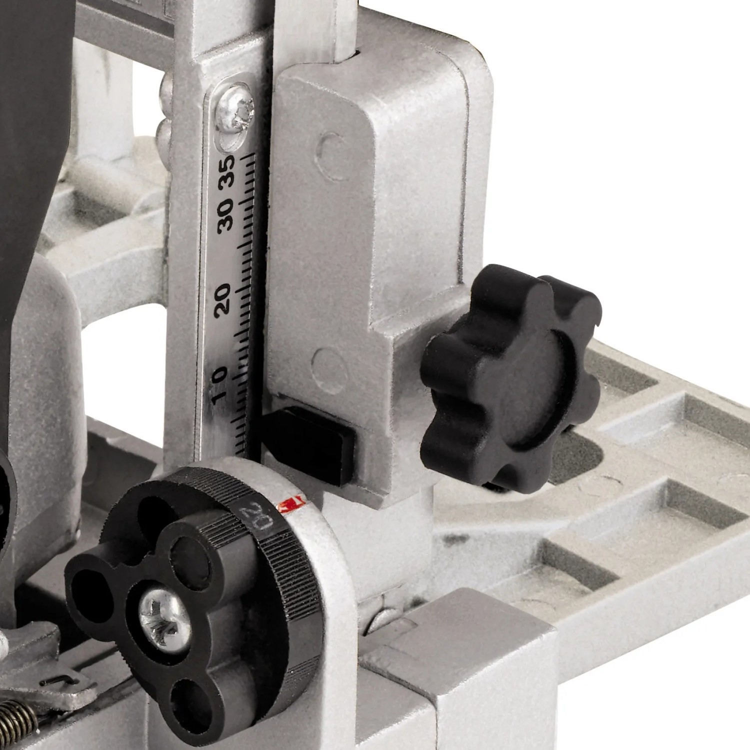 Detailaufnahme der Einhell TC-BJ 900 Flachdübelfräse mit Einstellmöglichkeiten.