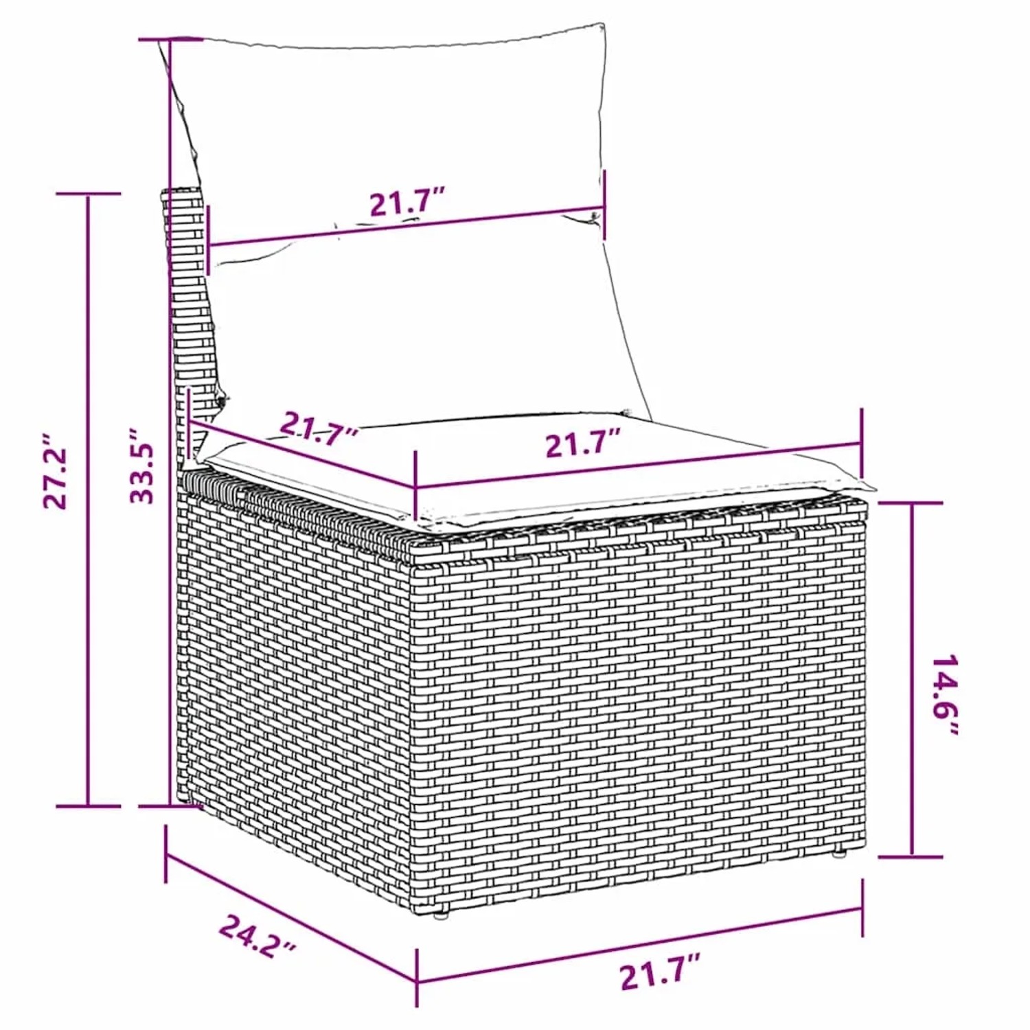 vidaXL Gartenmöbel Set, 8-teilig, schwarz, Poly Rattan, mit Kissen. Detailaufnahme der Maße.