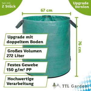 TTL GARDEN Gartensack 2er Set, 272L, grün, für Gartenabfälle wie Laub und Gras.