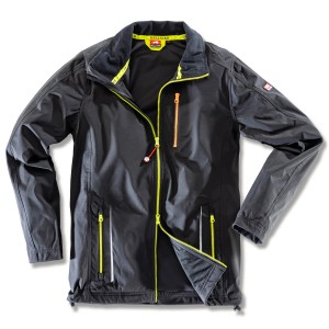 Schwarze Bullstar Light-Softshelljacke Ultra, Größe L, mit gelben Reißverschlüssen und Reflexelementen.