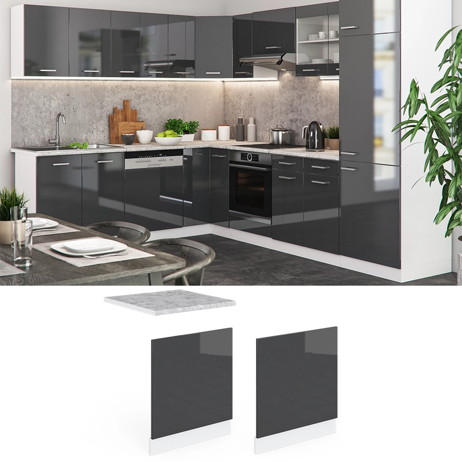 Vicco Frontblende für Geschirrspüler, R-Line Küche, Anthrazit Hochglanz/Weiß mit Marmor Arbeitsplatte.