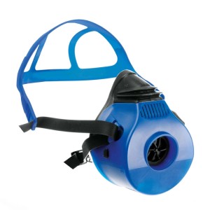 Dräger X-plore 4740 Halbmaske in Schwarz-blau mit Rd40 Filteranschluss und Kopfspinne für Atemschutz.