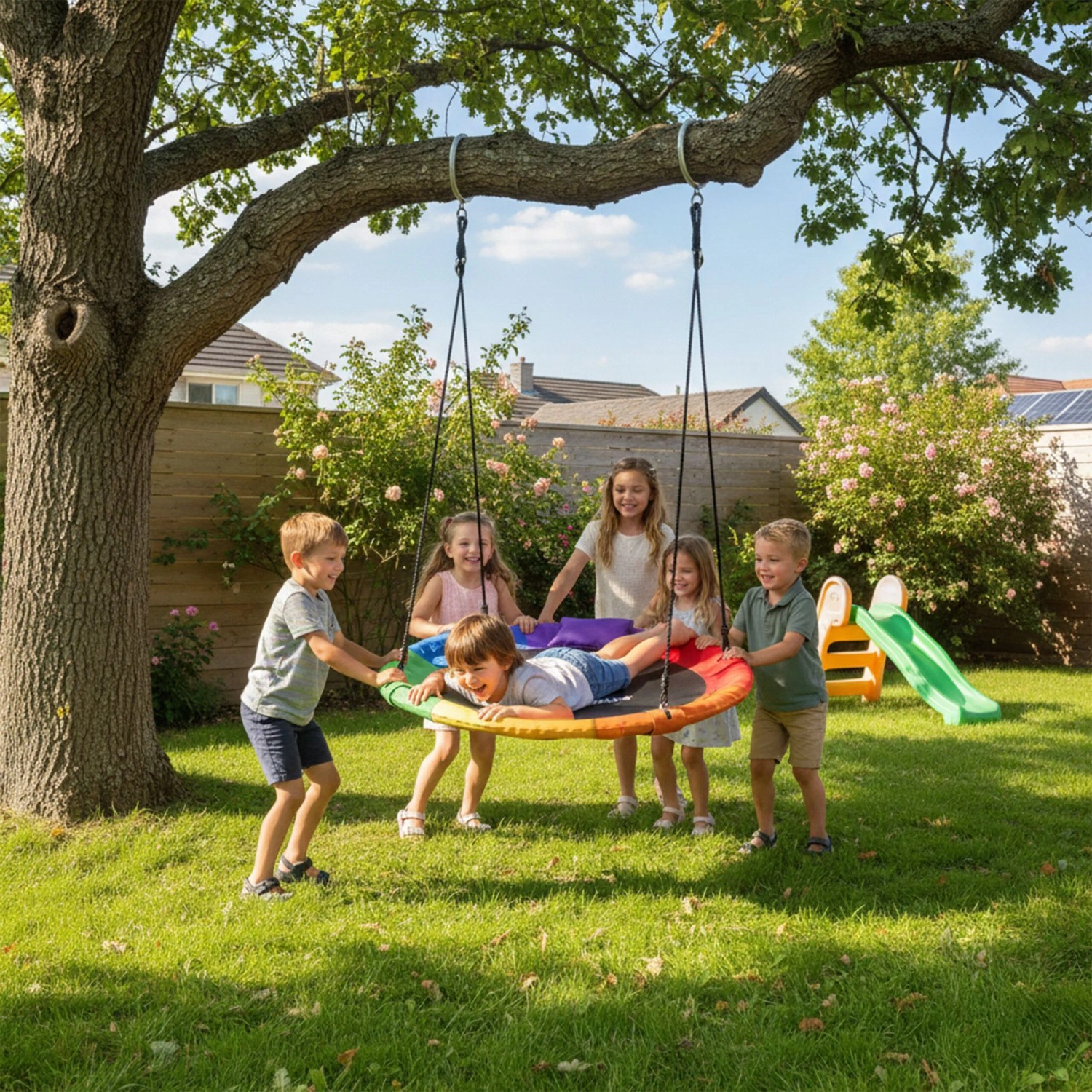 Bunte Relaxdays Nestschaukel mit Kindern im Garten. Die Schaukel hat ein Kissen und Griffe und hängt an einem Baum.