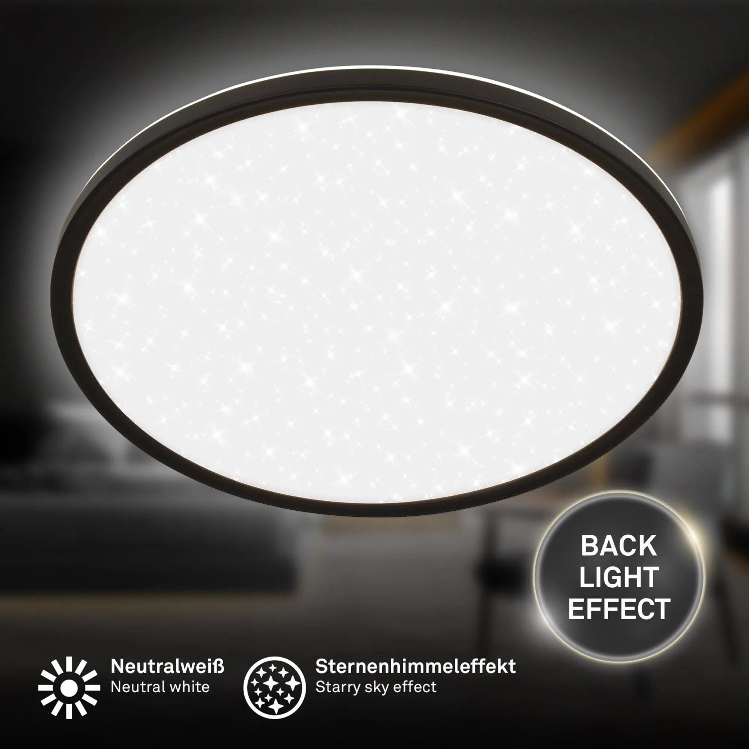Schwarzes Brilo LED-Panel mit Sternenhimmel-Effekt und neutralweißem Licht. Runde LED-Deckenleuchte.
