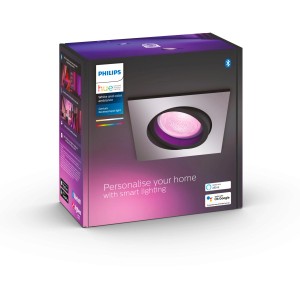 Verpackung des Philips Hue Centura Einbauspots mit eckigem Aluminiumrahmen und farbigem Licht.