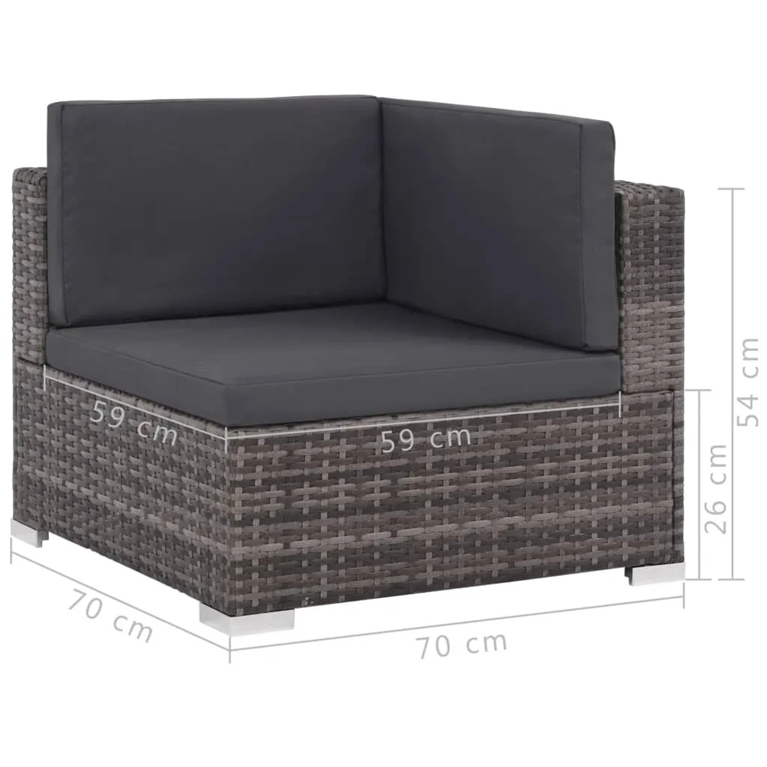 vidaXL Garten-Lounge-Eckelement, graues Poly Rattan mit dunkelgrauen Auflagen. Teil eines modularen Gartenmöbel Sets.