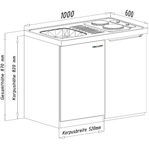 Technische Zeichnung der Respekta Miniküche MK100ESGC, 100 cm, Grau-Eiche Sägerau Nachbildung, mit Maßen.