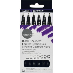 Daler Rowney Fineliner Set Simply, 6 schwarze Stifte in verschiedenen Stärken.