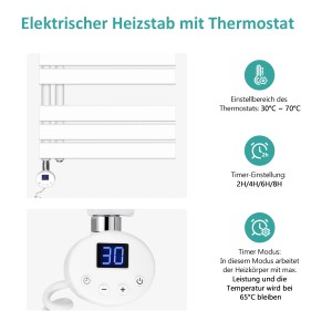 Detailaufnahme: Weißer Emke Badheizkörper mit Thermostat und Timer-Funktion.