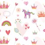 Rosa Kindertapete mit Einhorn, Krone, Regenbogen und Herz Motiven für Mädchenzimmer.