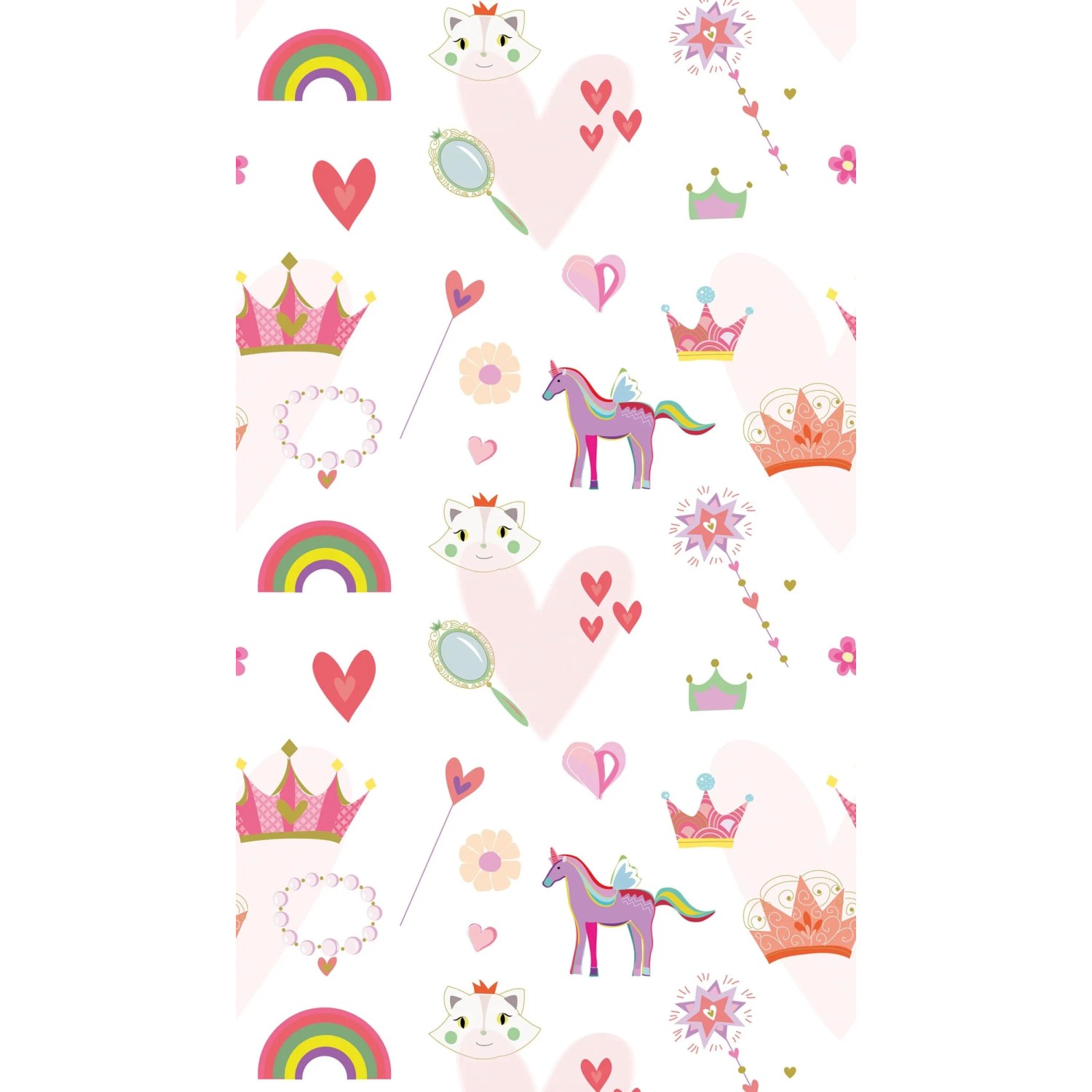 Rosa Kindertapete mit Einhorn, Krone, Regenbogen und Herz Motiven für Mädchenzimmer.