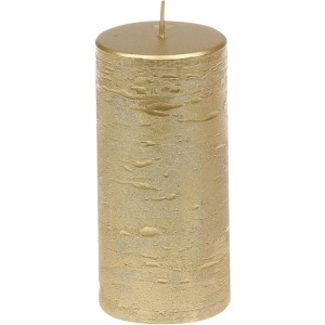 Goldene Steinhart Stumpenkerze Rustic-Glanz, 12 cm hoch, für stimmungsvolle Beleuchtung.