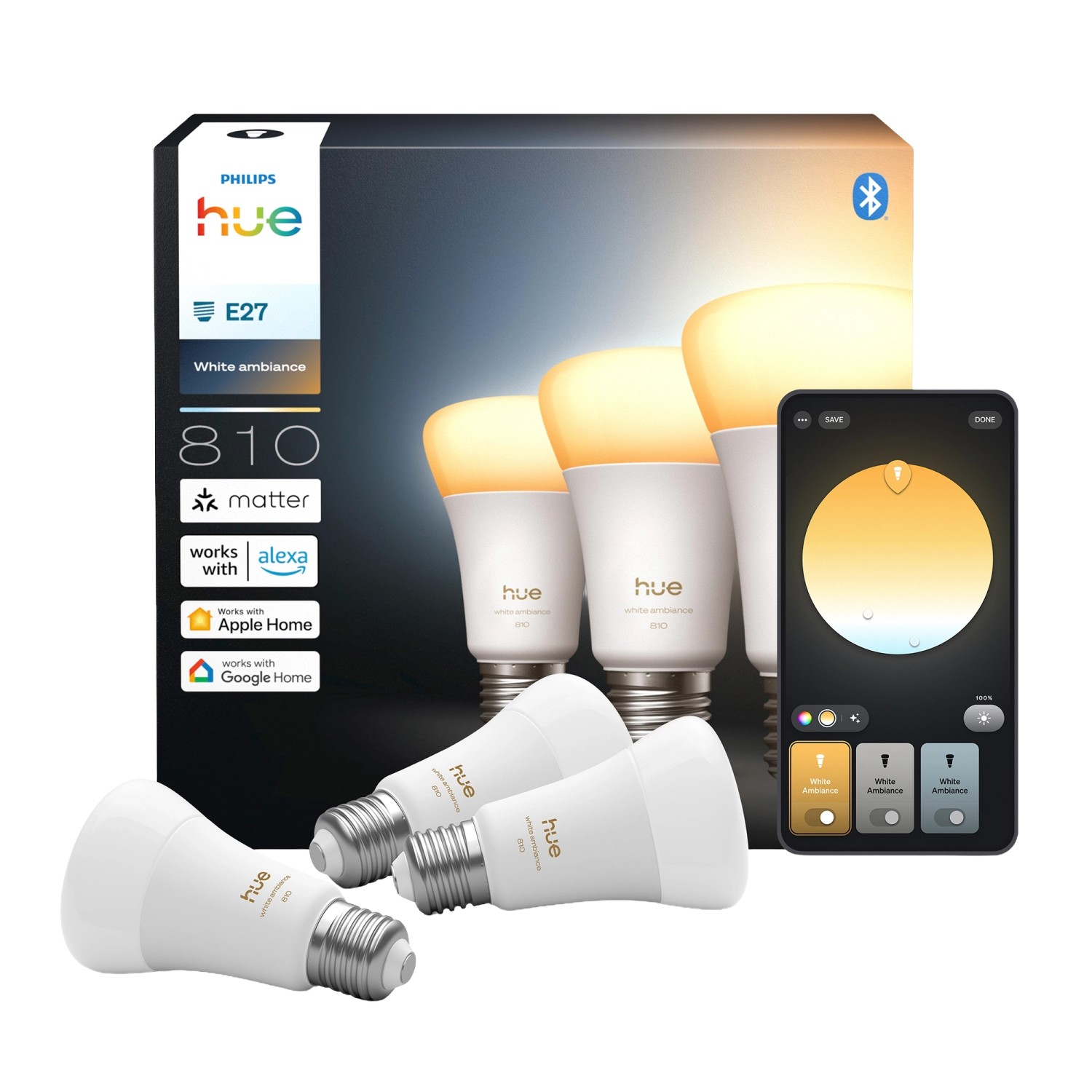 Philips Hue Leuchtmittel E27 White Ambiance 810,m 6 W 3er Set