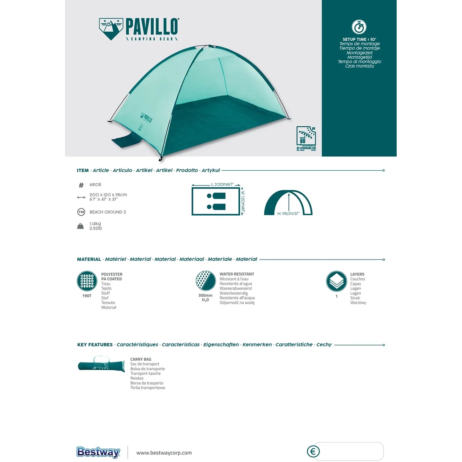 Pavillo Strandmuschel Beach Ground, blaugrün, für 2 Personen, ideal für Camping & Strand.