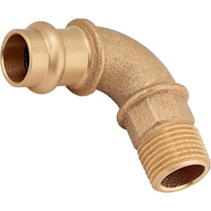 90-Grad Pressfitting Winkel aus Rotguss, 15 mm x 21 mm (R 1/2) für Kupferrohre.