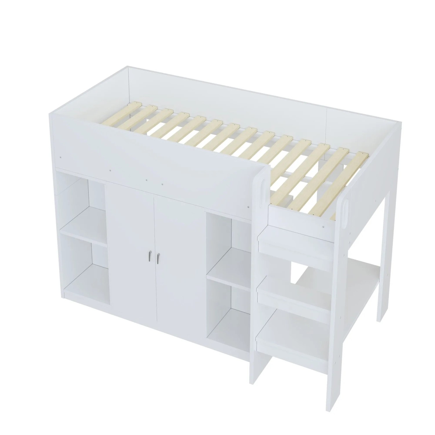 okwish Hochbett 90x200cm mit Stauraum und Schrank Kinderzimmer Weiß ohne Matratze