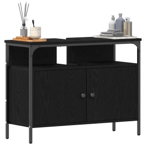 vidaXL Waschbeckenschrank in Schwarz Eichen-Optik mit Stauraum und Stahlrahmen.
