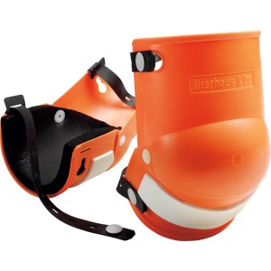 Orangene LUX Knieschoner mit Gelenk und schwarzem Innenpolster für optimalen Knieschutz.