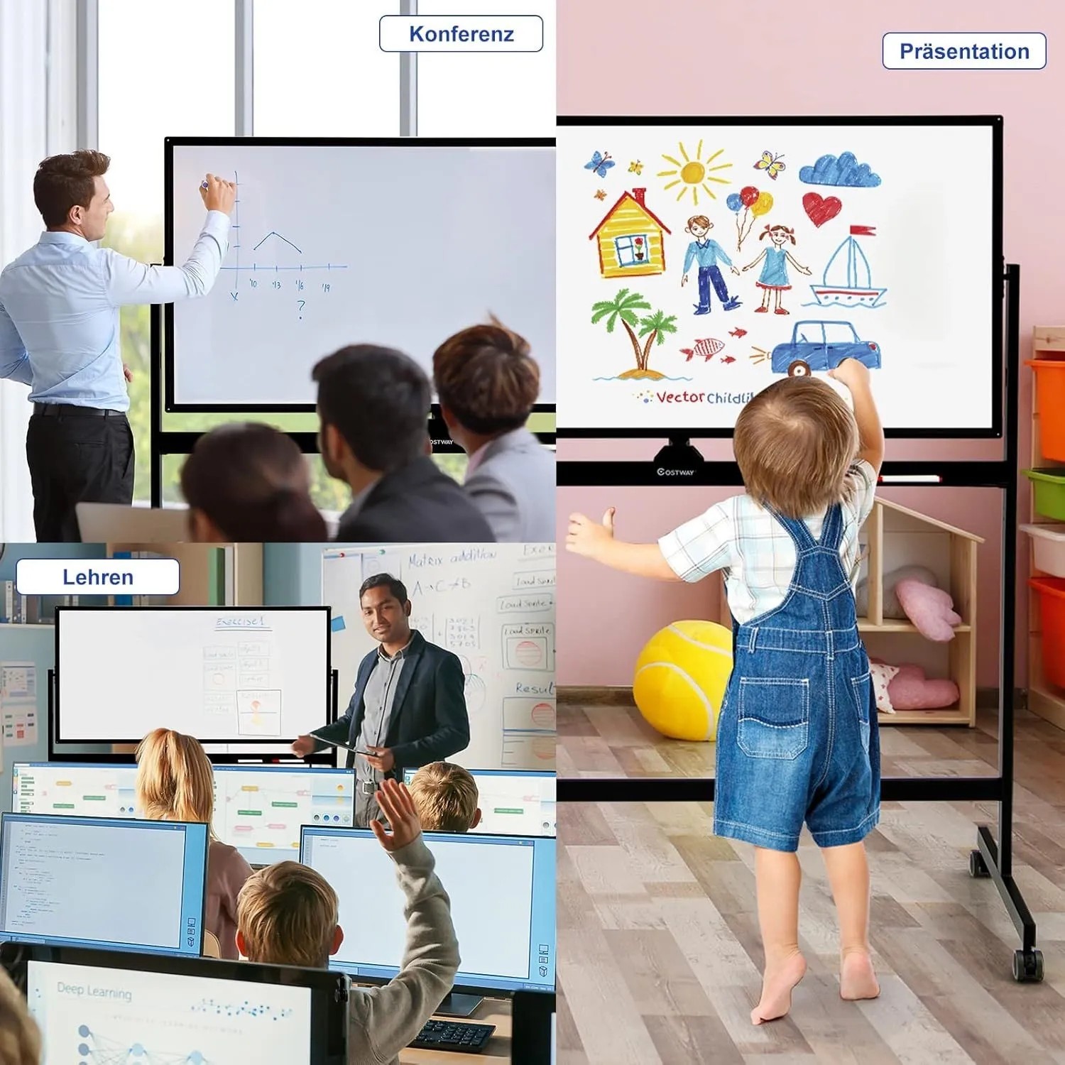 Mobiles Costway Whiteboard mit Ständer und Rollen, 120x60 cm, für Büro, Konferenz und Unterricht.