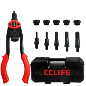 CCLIFE Nietmutternzange Set M5-M12 mit roten Griffen, verschiedenen Dornen und schwarzem Koffer.