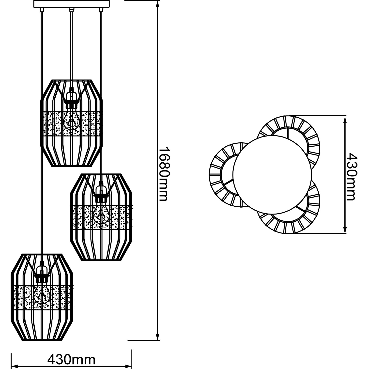 Skizze der Brilliant Slope Pendelleuchte, 3-flammig, schwarz/natur, mit Maßangaben.