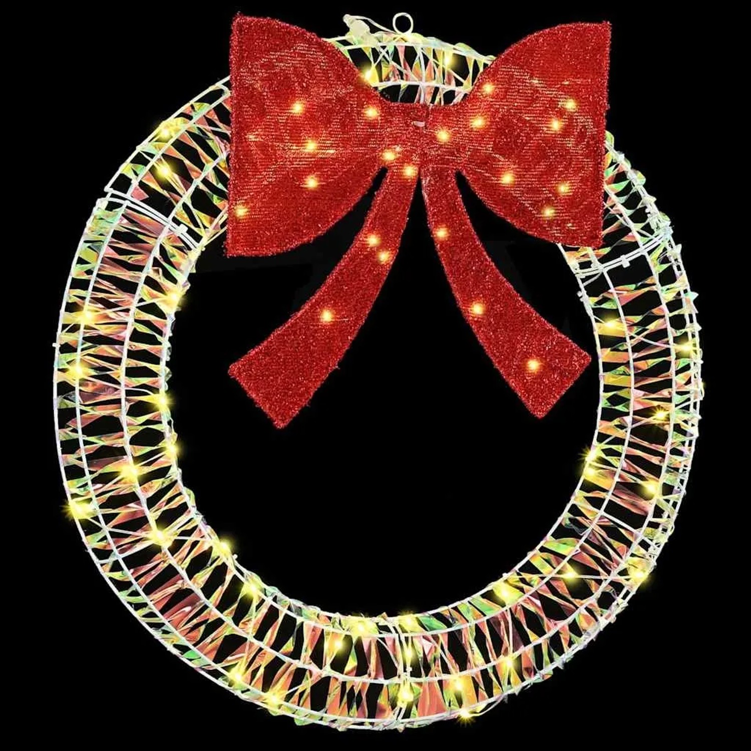 Runder Weihnachtskranz mit warmweißen LEDs und großer roter Glitzerschleife, 75 cm PET.